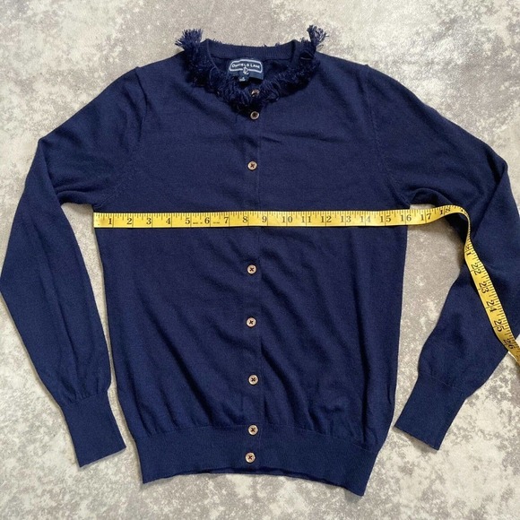 Duffield lane navy button cardigan size small cashmere blend fringe neckline - Picture 3 of 10